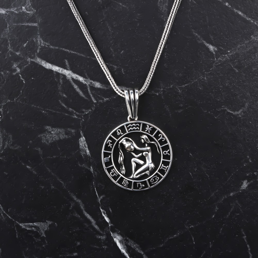 Glorria 925k Sterling Silver Men Aquarius Sign Necklace