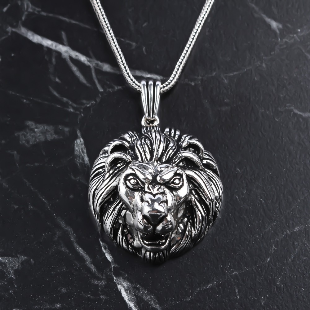 Glorria 925k Sterling Silver Men Wild Lion Necklace