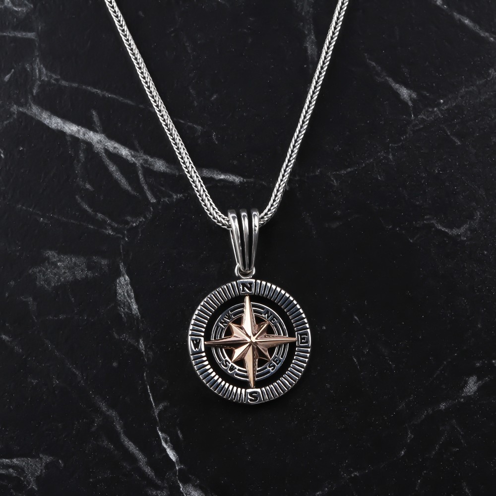 Glorria 925k Sterling Silver Men Compass Necklace