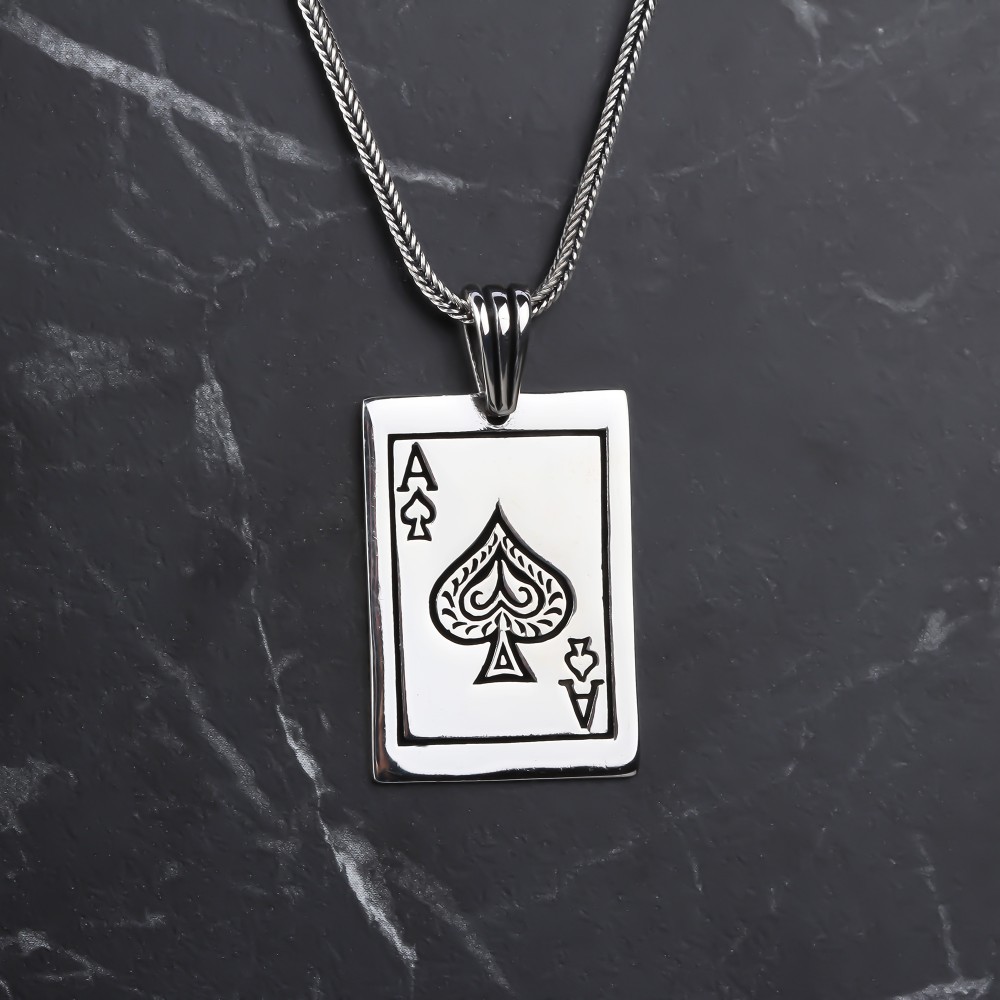 Glorria 925k Sterling Silver Men Ace of Spades Necklace