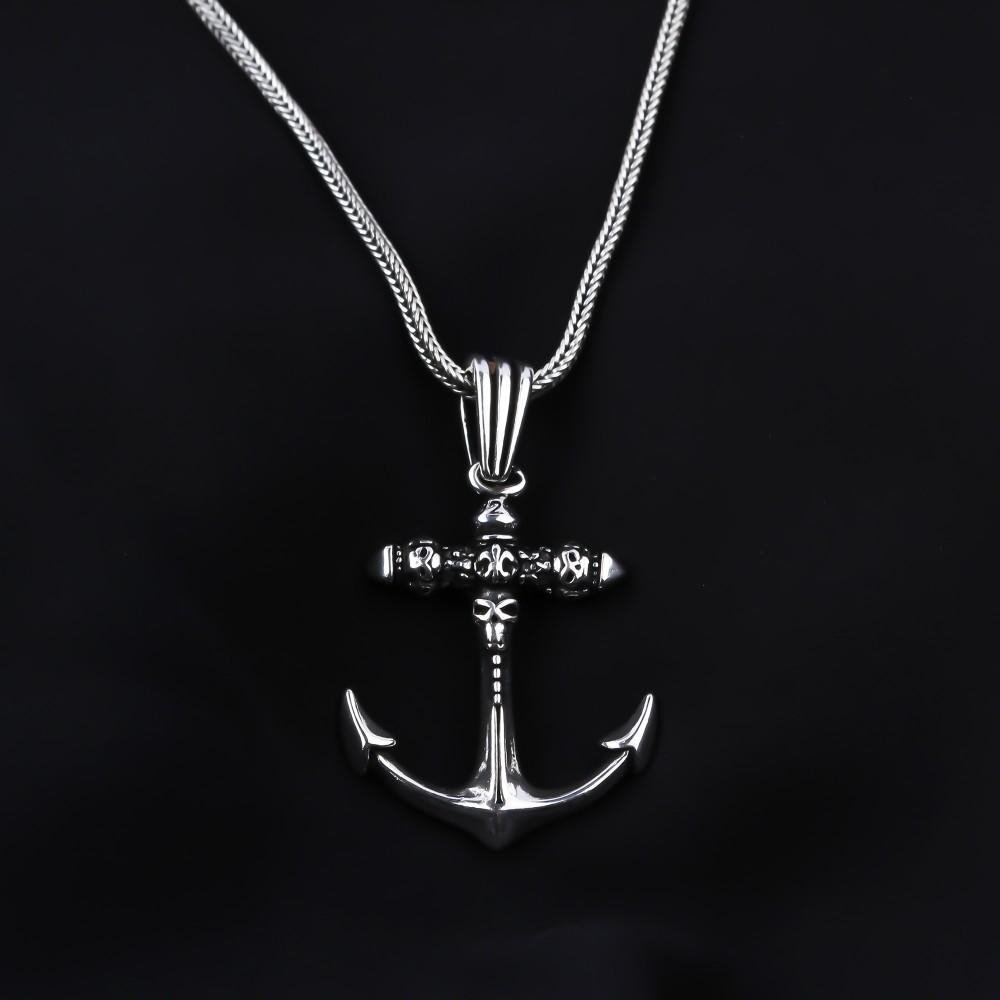 Glorria 925k Sterling Silver Men Skull Anchor Necklace