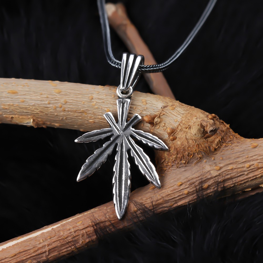 Glorria 925k Sterling Silver Men Hemp Leaf Necklace