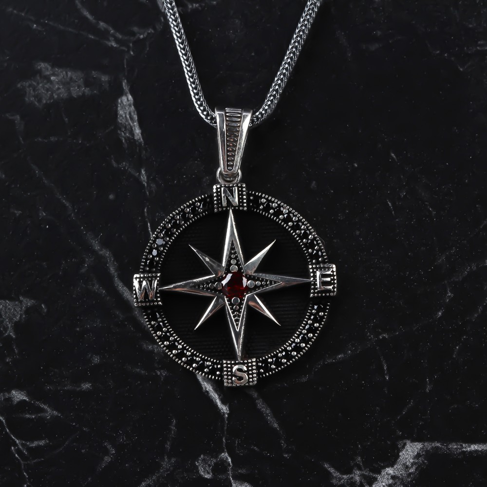 Glorria 925k Sterling Silver Men Red Stone Compass Necklace