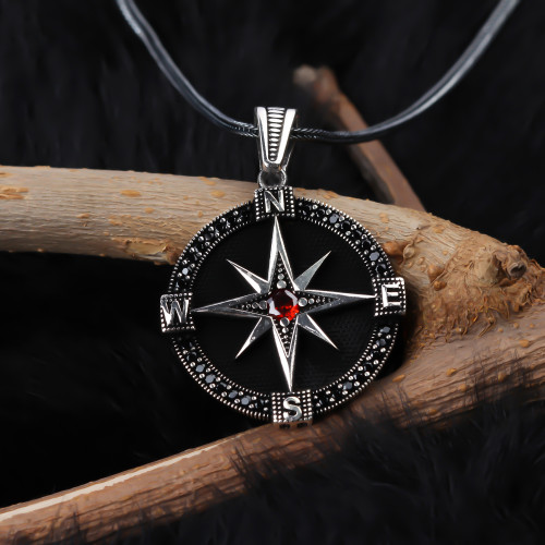 Glorria 925k Sterling Silver Men Red Stone Compass Necklace