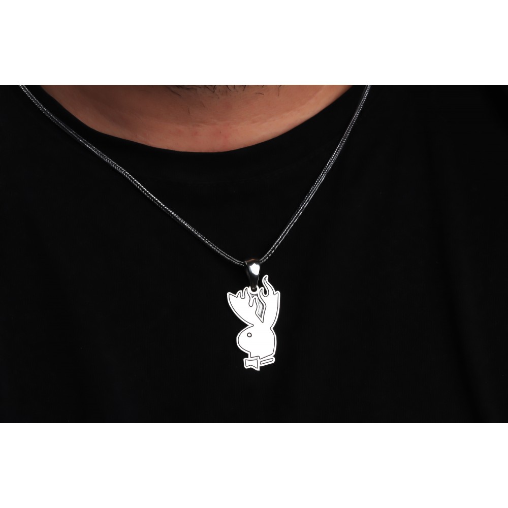 Glorria 925k Sterling Silver Men Playboy Silver Necklace Glorria 925k Sterling Silver Men Playboy Silver Necklace