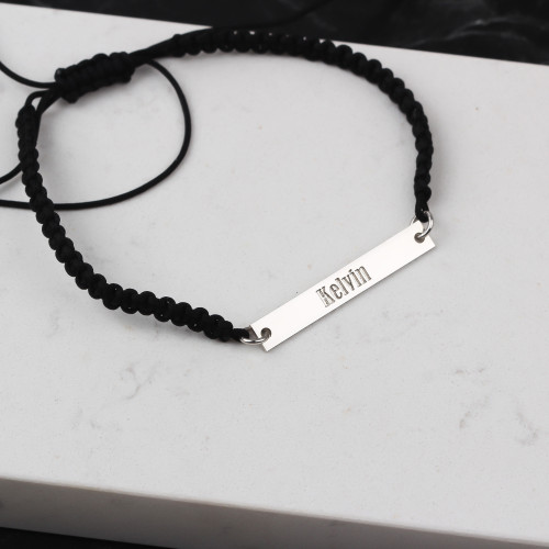 Glorria 925k Sterling Silver Men Personalized Black Corded Name Bar Sterling Silver Bracelet Glorria 925k Sterling Silver Men Personalized Black Corded Name Bar Sterling Silver Bracelet