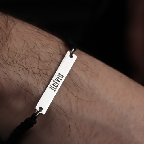 Glorria 925k Sterling Silver Men Personalized Black Corded Name Bar Sterling Silver Bracelet