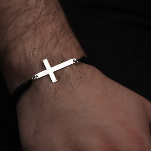 Glorria 925k Sterling Silver Men Black Corded Cross Sterling Silver Bracelet Glorria 925k Sterling Silver Men Black Corded Cross Sterling Silver Bracelet