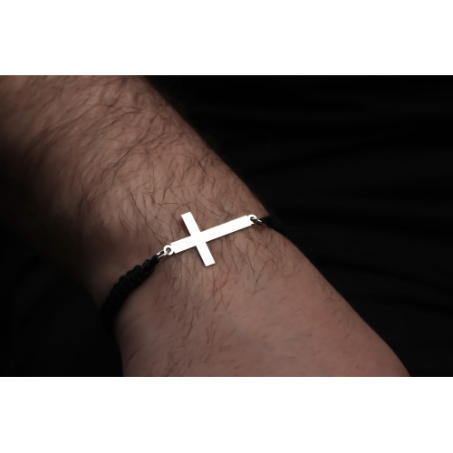 Glorria 925k Sterling Silver Men Black Corded Cross Sterling Silver Bracelet