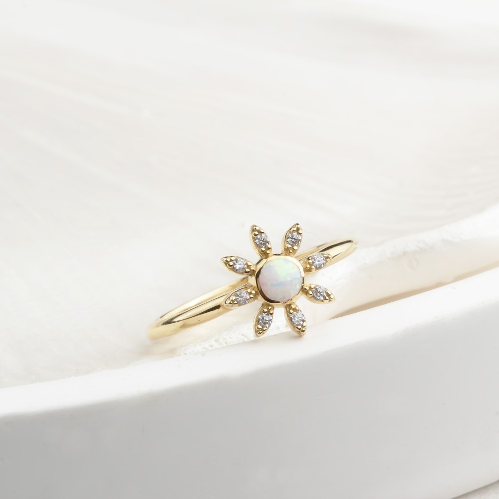 Glorria 14k Solid Gold Stone-Set Enamel Flower Ring