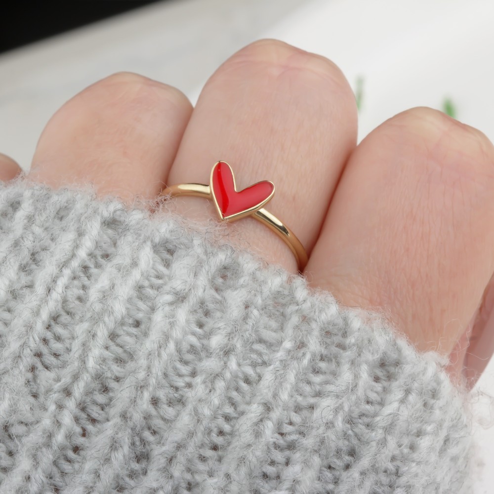 Glorria 14k Solid Gold Red Enamel Heart Ring