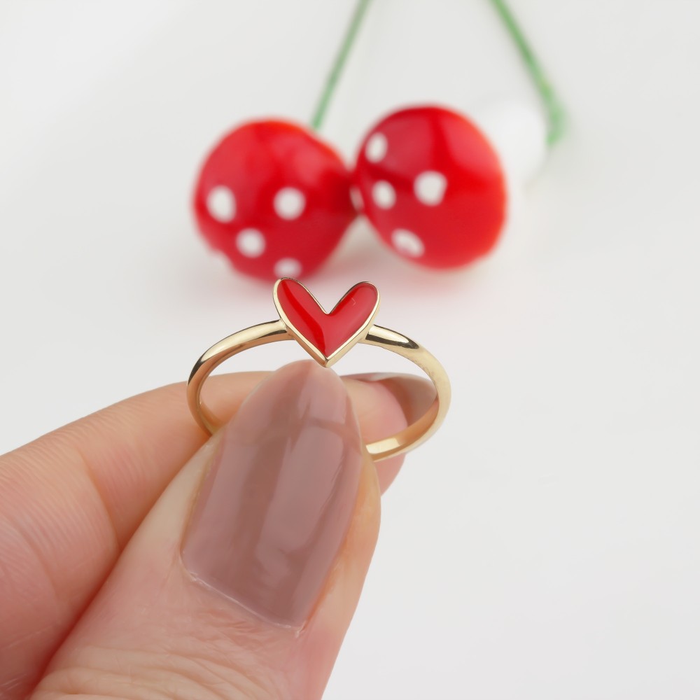 Glorria 14k Solid Gold Red Enamel Heart Ring