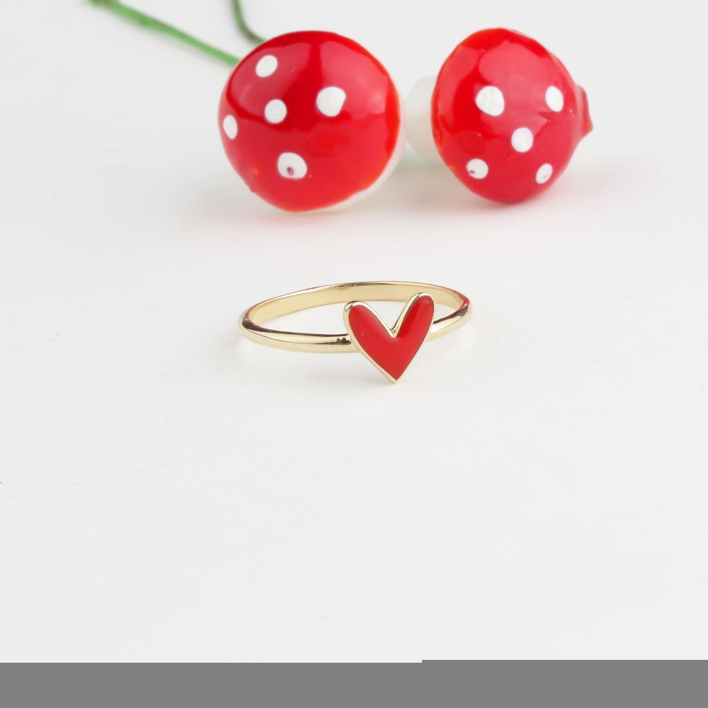 Glorria 14k Solid Gold Red Enamel Heart Ring