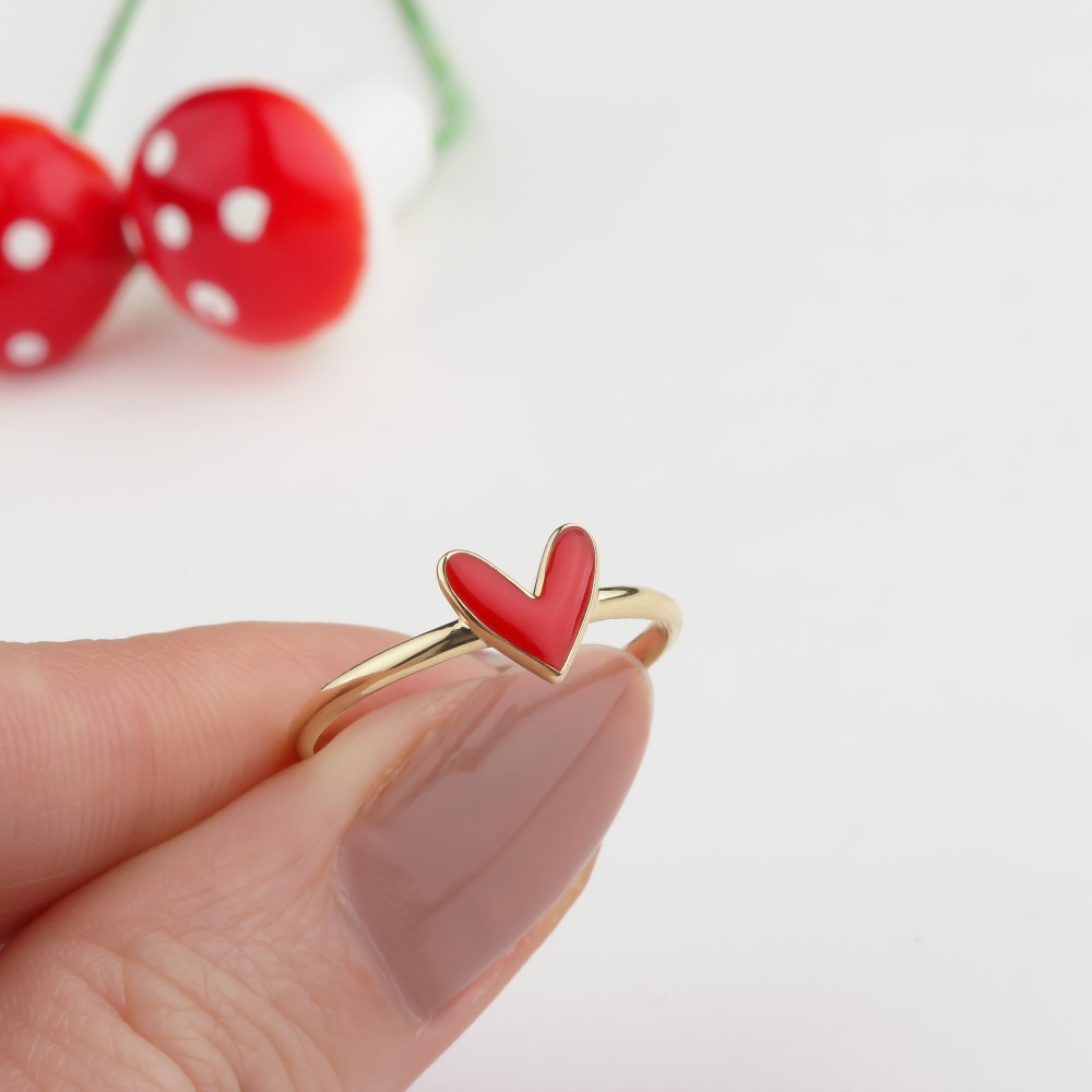Glorria 14k Solid Gold Red Enamel Heart Ring