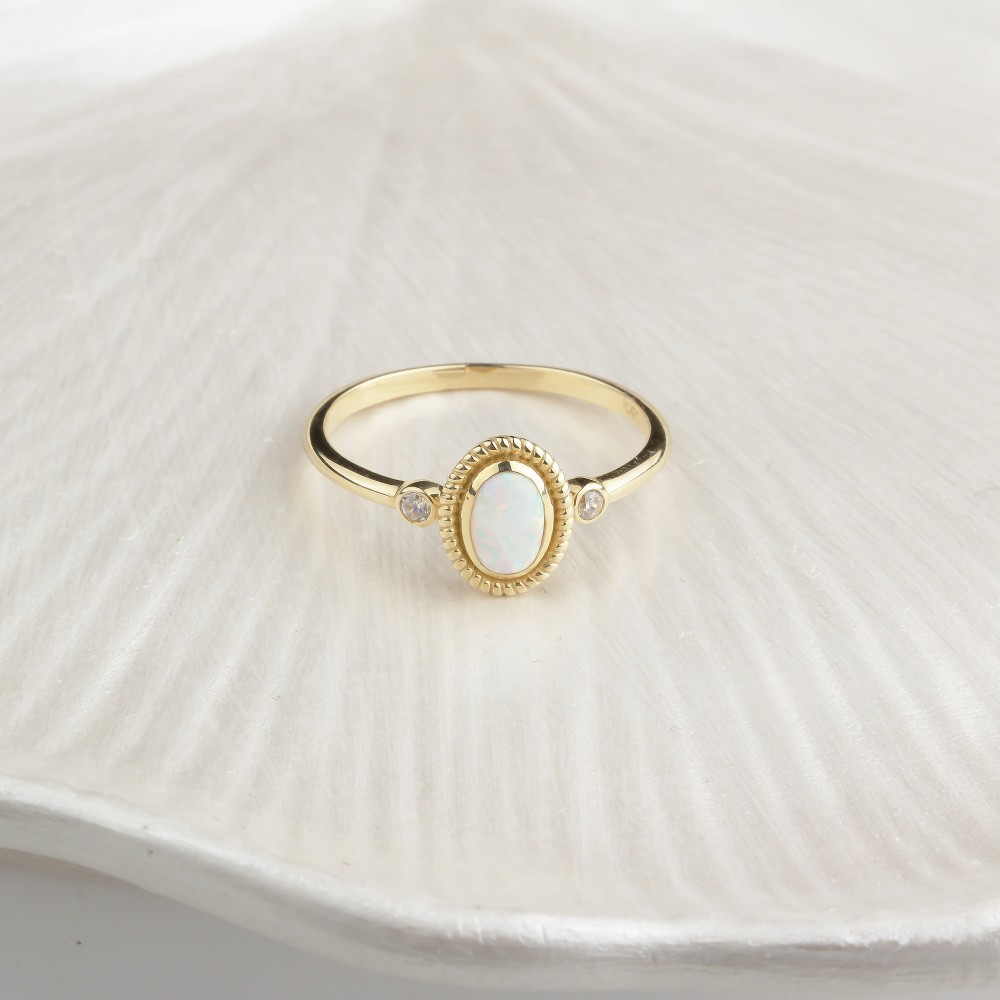 Glorria 14k Solid Gold White Opal Stone Retro Ring