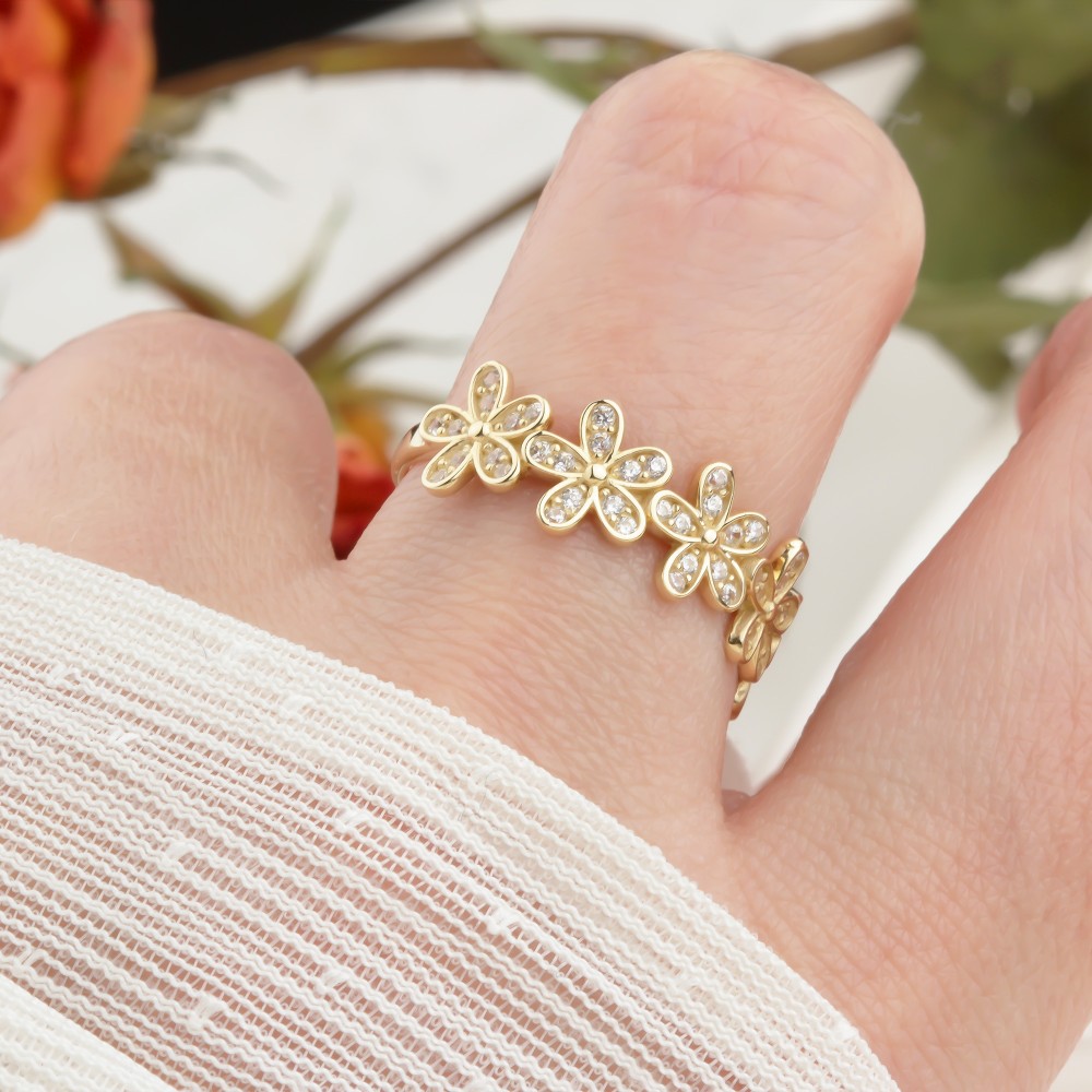 Glorria 14k Solid Gold Stone-Set Flower Ring