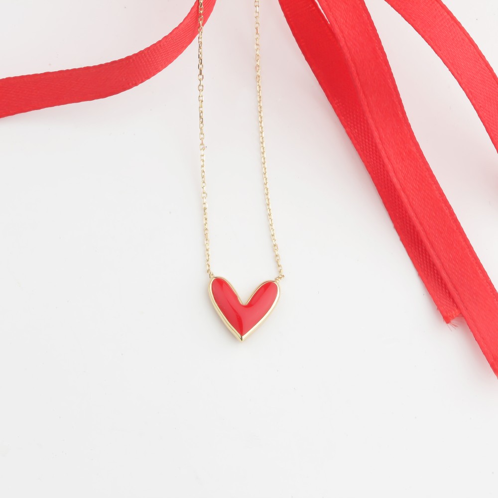 Glorria 14k Solid Gold Red Enamel Heart Necklace