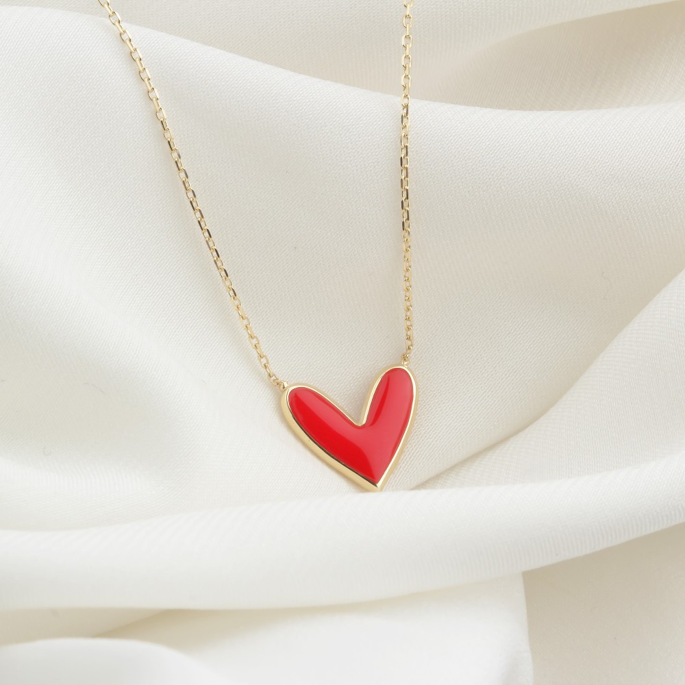 Glorria 14k Solid Gold Red Enamel Heart Necklace