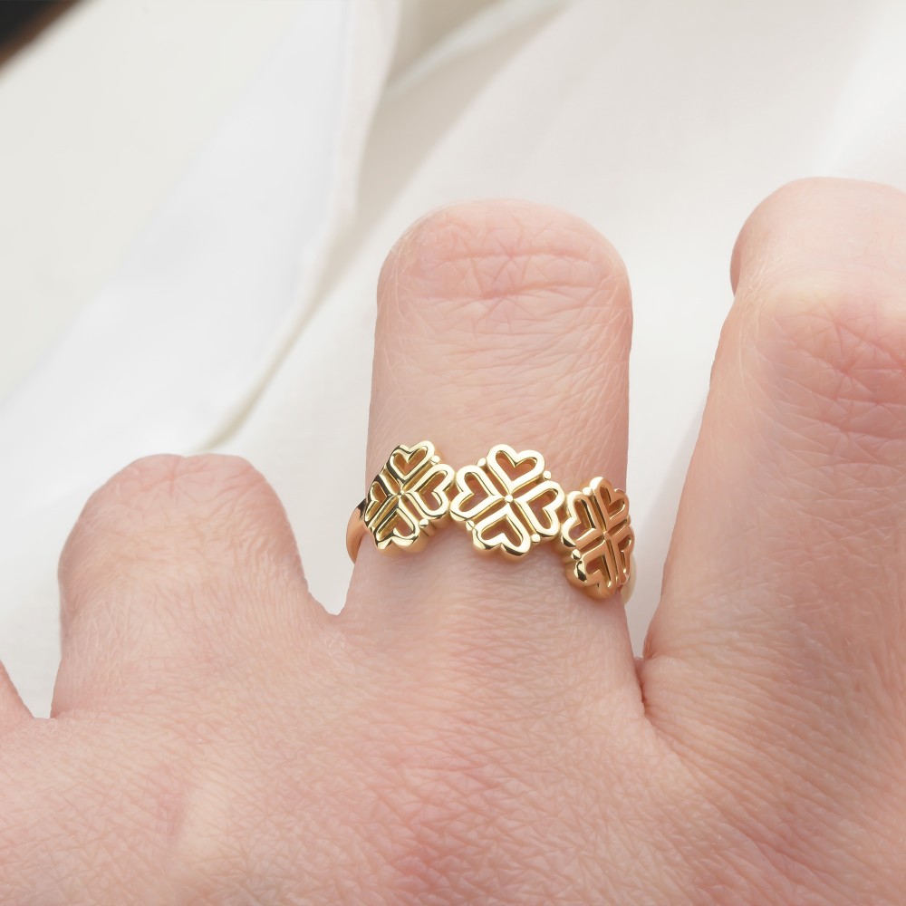 Glorria 14k Solid Gold Heart Motif Clover Ring