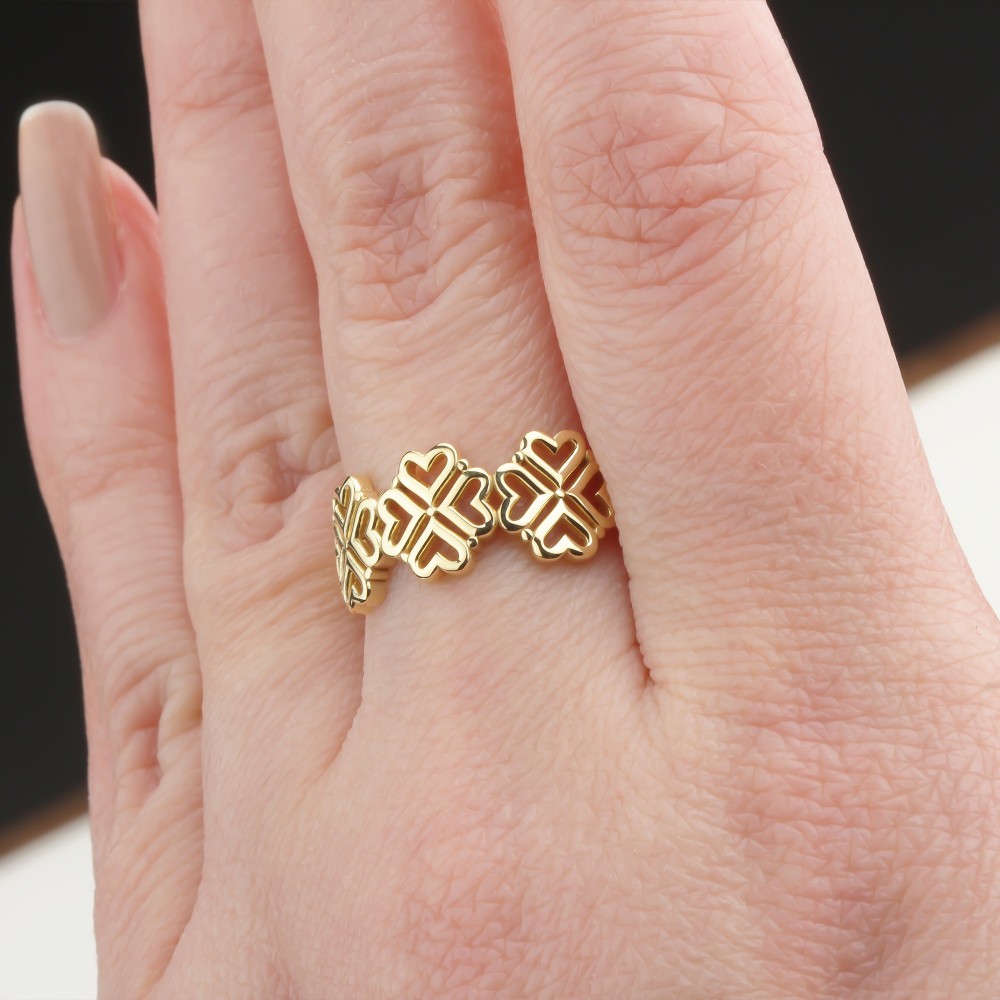 Glorria 14k Solid Gold Heart Motif Clover Ring