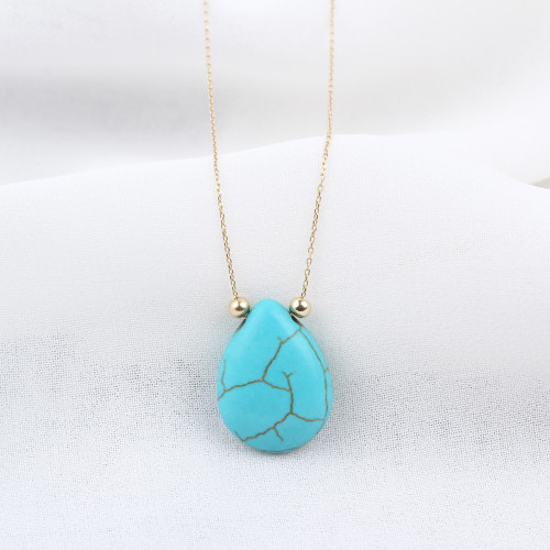 Glorria 14k Solid Gold Ball Turquoise Drop Necklace