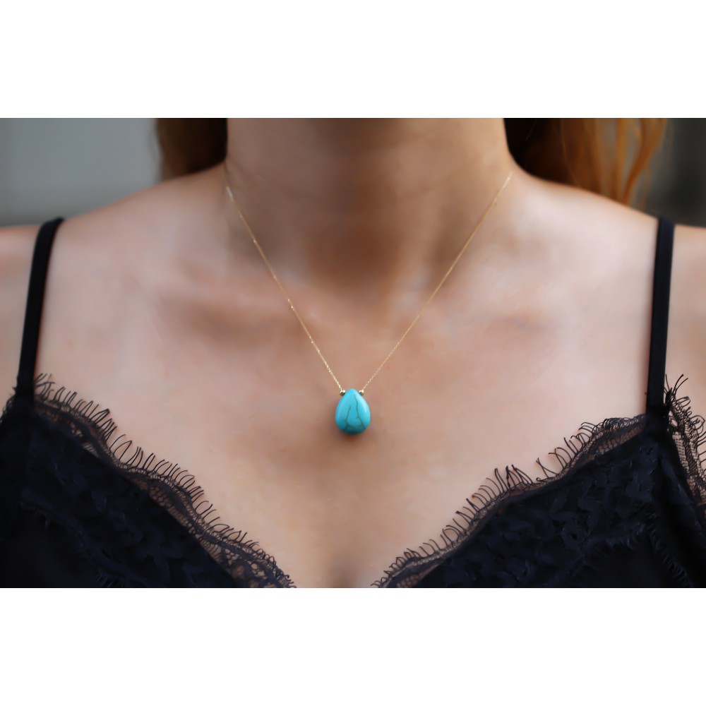 Glorria 14k Solid Gold Ball Turquoise Drop Necklace