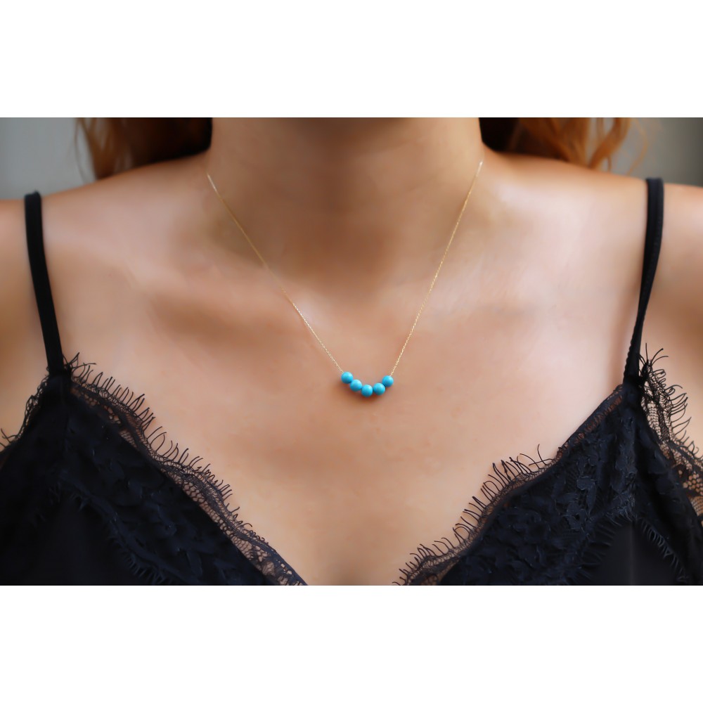 Glorria 14k Solid Gold Row Turquoise Necklace