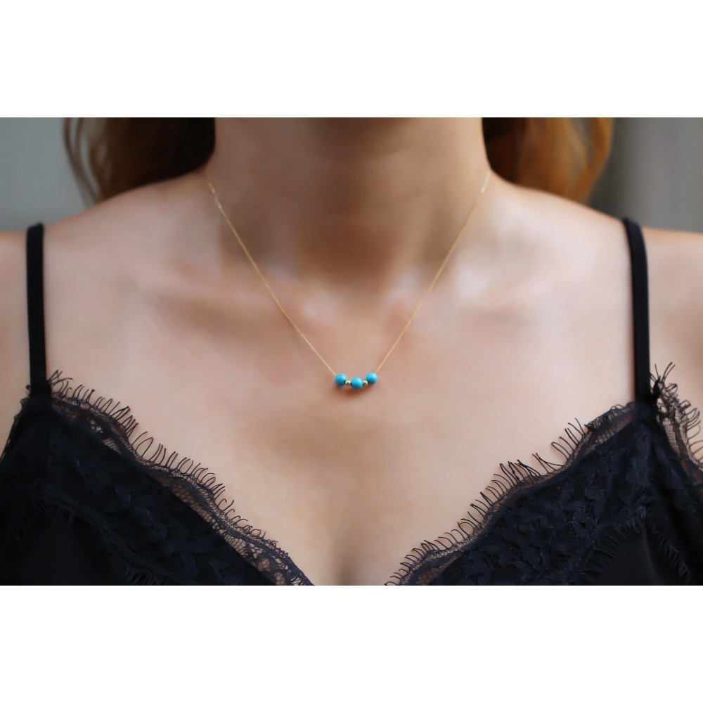 Glorria 14k Solid Gold Ball Turquoise Necklace