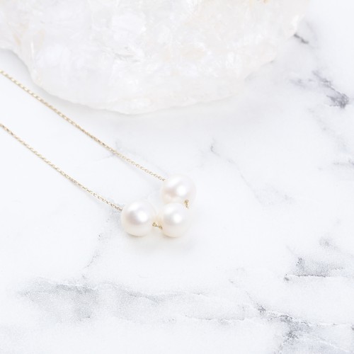 Glorria 14k Solid Gold 3 Pearls Necklace