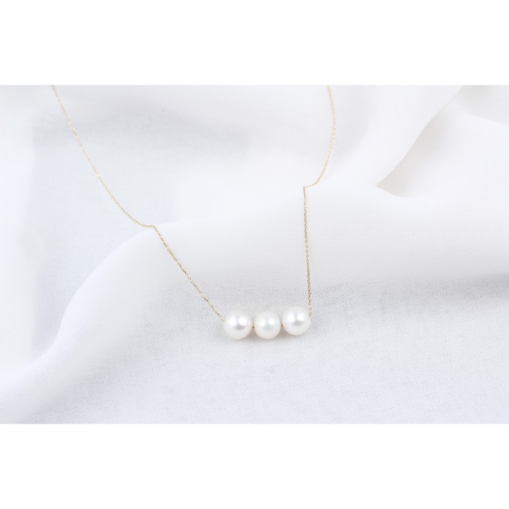 Glorria 14k Solid Gold 3 Pearls Necklace