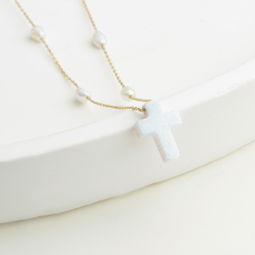 Glorria 14k Solid Gold Opal Cross Pearl Necklace Glorria 14k Solid Gold Opal Cross Pearl Necklace