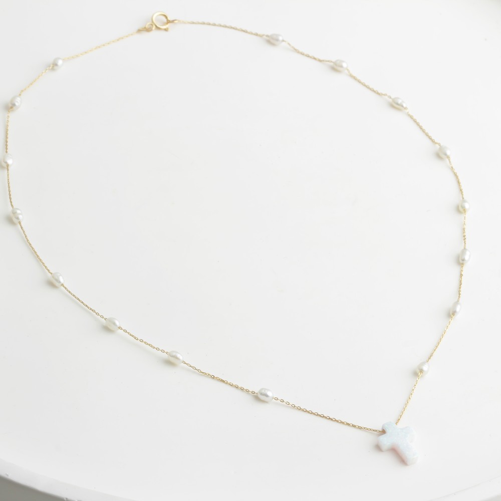 Glorria 14k Solid Gold Opal Cross Pearl Necklace Glorria 14k Solid Gold Opal Cross Pearl Necklace