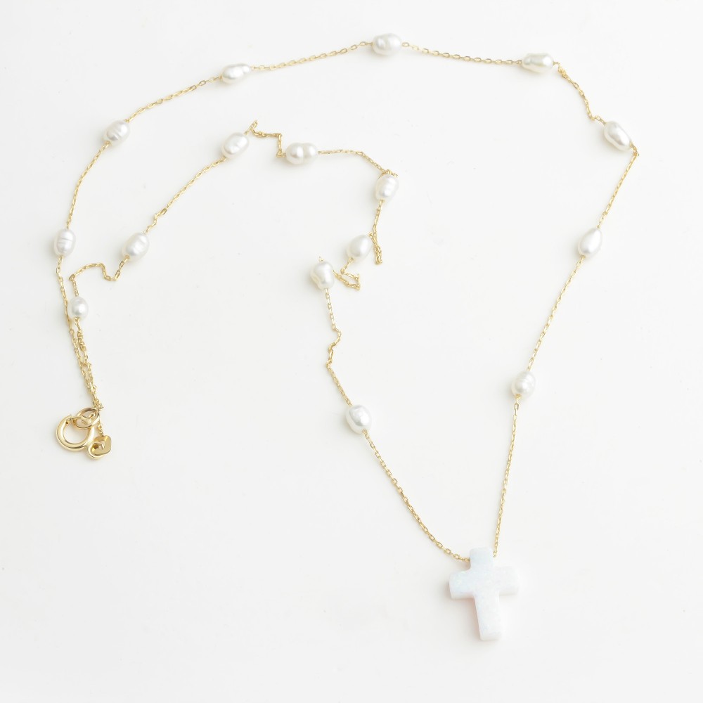 Glorria 14k Solid Gold Opal Cross Pearl Necklace Glorria 14k Solid Gold Opal Cross Pearl Necklace