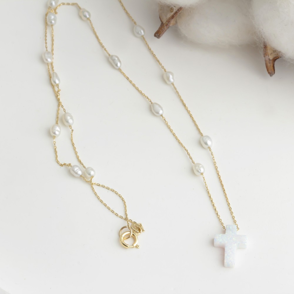 Glorria 14k Solid Gold Opal Cross Pearl Necklace Glorria 14k Solid Gold Opal Cross Pearl Necklace