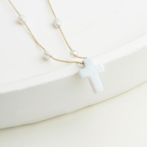 Glorria 14k Solid Gold Opal Cross Pearl Necklace