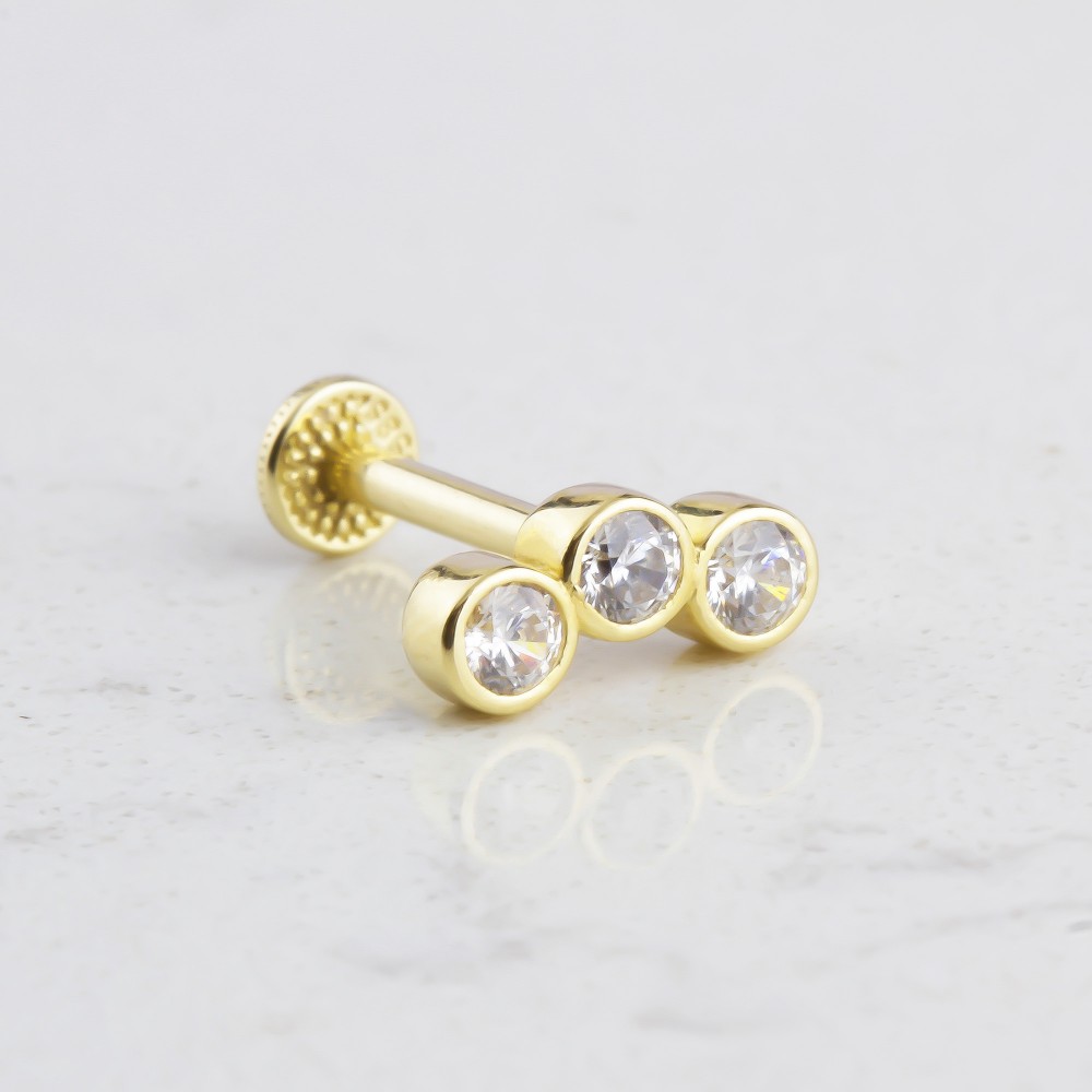 Glorria 14k Solid Gold Three Stone Tragus Piercing