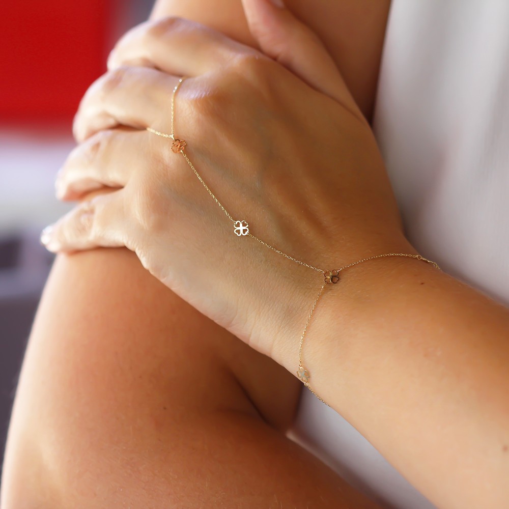 Glorria 14k Solid Gold Clover Hand Chain