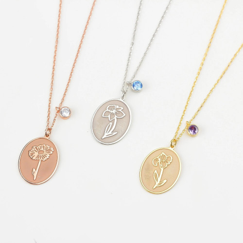 Glorria 925k Sterling Silver Personalized Birth Flower, Birth Stone Necklace Glorria 925k Sterling Silver Personalized Birth Flower, Birth Stone Necklace