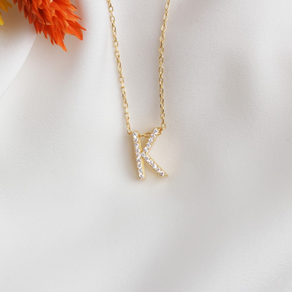 Glorria 925k Sterling Silver Pave Letter K Necklace