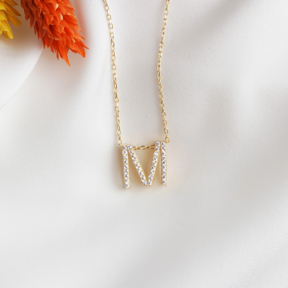 Glorria 925k Sterling Silver Pave Letter M Necklace