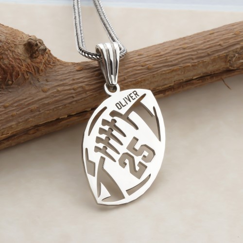Glorria 925k Sterling Silver Personalized Name and Number American Football Necklace