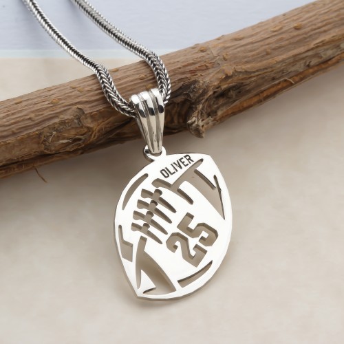 Glorria 925k Sterling Silver Personalized Name and Number American Football Necklace