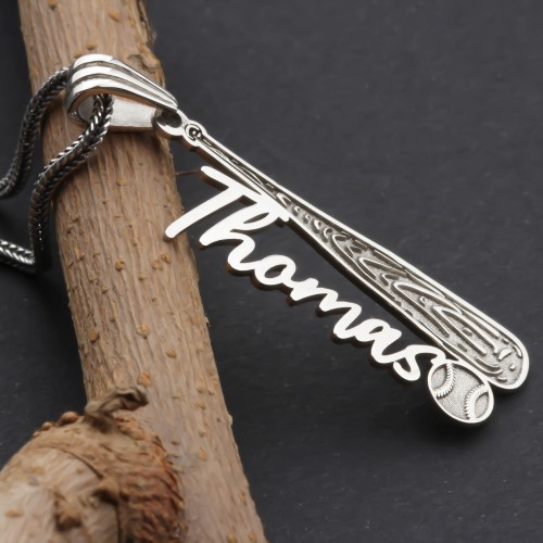 Glorria 925k Sterling Silver Personalized Name Baseball Bat Necklace