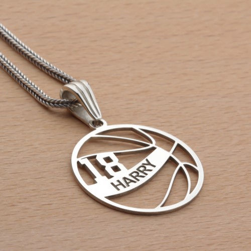 Glorria 925k Sterling Silver Personalized Name and Number Basketball Necklace