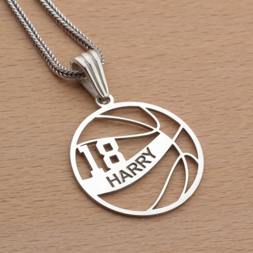 Glorria 925k Sterling Silver Personalized Name and Number Basketball Necklace