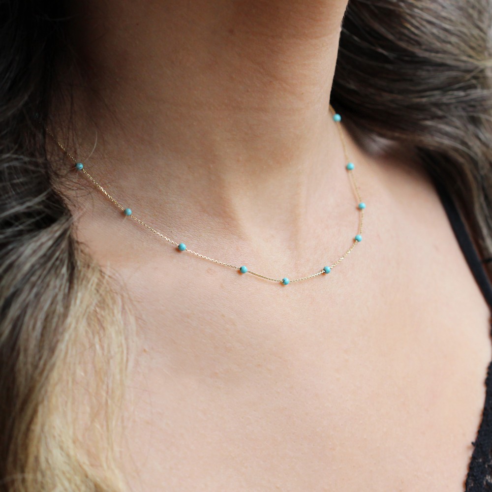 Glorria 14k Solid Gold Turquoise Pave Row Necklace