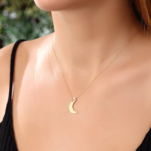 Glorria 14k Solid Gold Pearl Crescent Necklace Glorria 14k Solid Gold Pearl Crescent Necklace