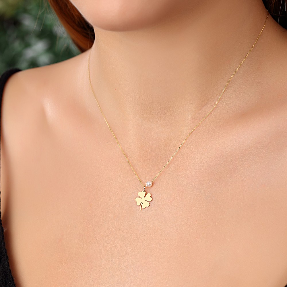 Glorria 14k Solid Gold Pearl Clover Necklace