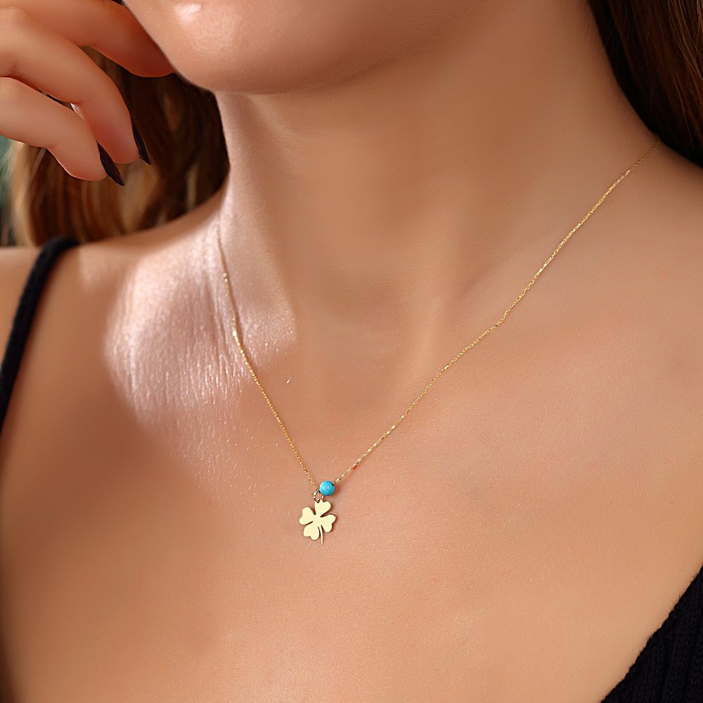 Glorria 14k Solid Gold Turquoise Clover Necklace