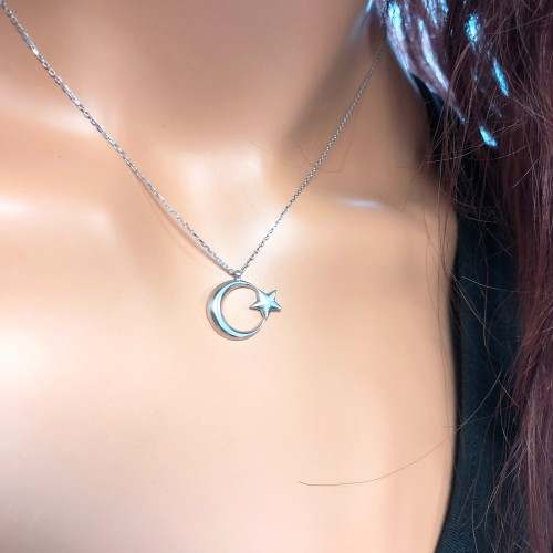 Glorria 925k Sterling Silver Crescent And Star Necklace Glorria 925k Sterling Silver Crescent And Star Necklace